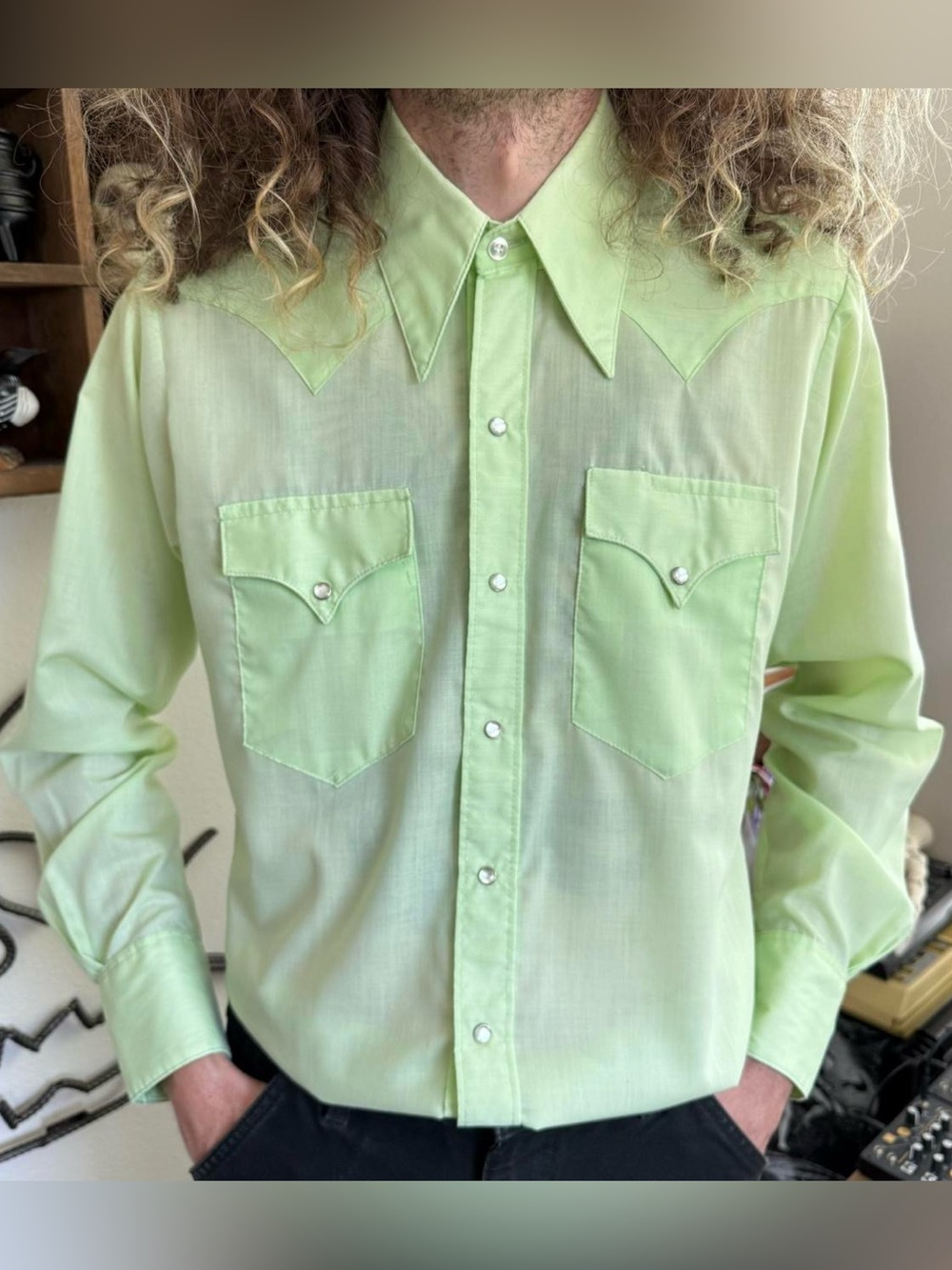 Vintage 60s Lime Green Pearl Snap Western ~ Size Medium